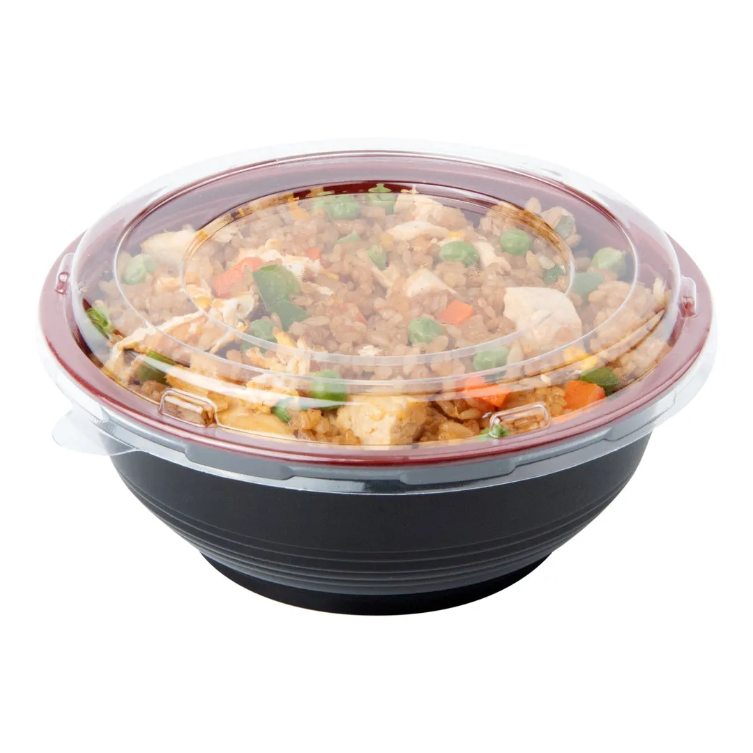 24 oz Round Black and Red Plastic Medium Asian Panda Bowl - with Clear Lid, Microwavable - 6 1/2" x 6 1/2" x 2 1/2" - 200 count box