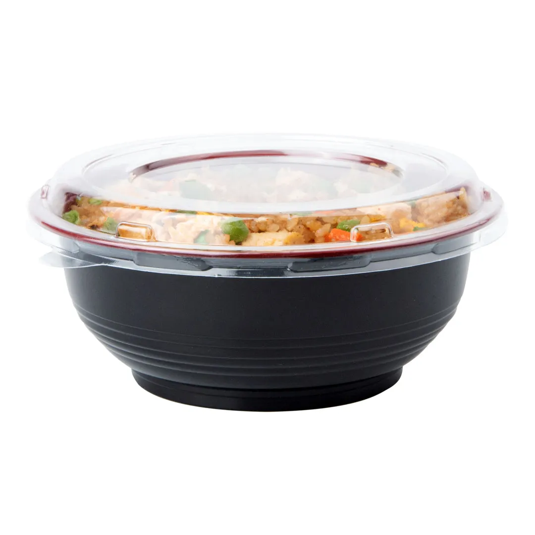 24 oz Round Black and Red Plastic Medium Asian Panda Bowl - with Clear Lid, Microwavable - 6 1/2" x 6 1/2" x 2 1/2" - 200 count box