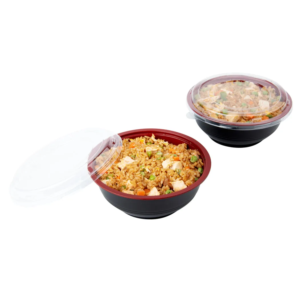 24 oz Round Black and Red Plastic Medium Asian Panda Bowl - with Clear Lid, Microwavable - 6 1/2" x 6 1/2" x 2 1/2" - 200 count box