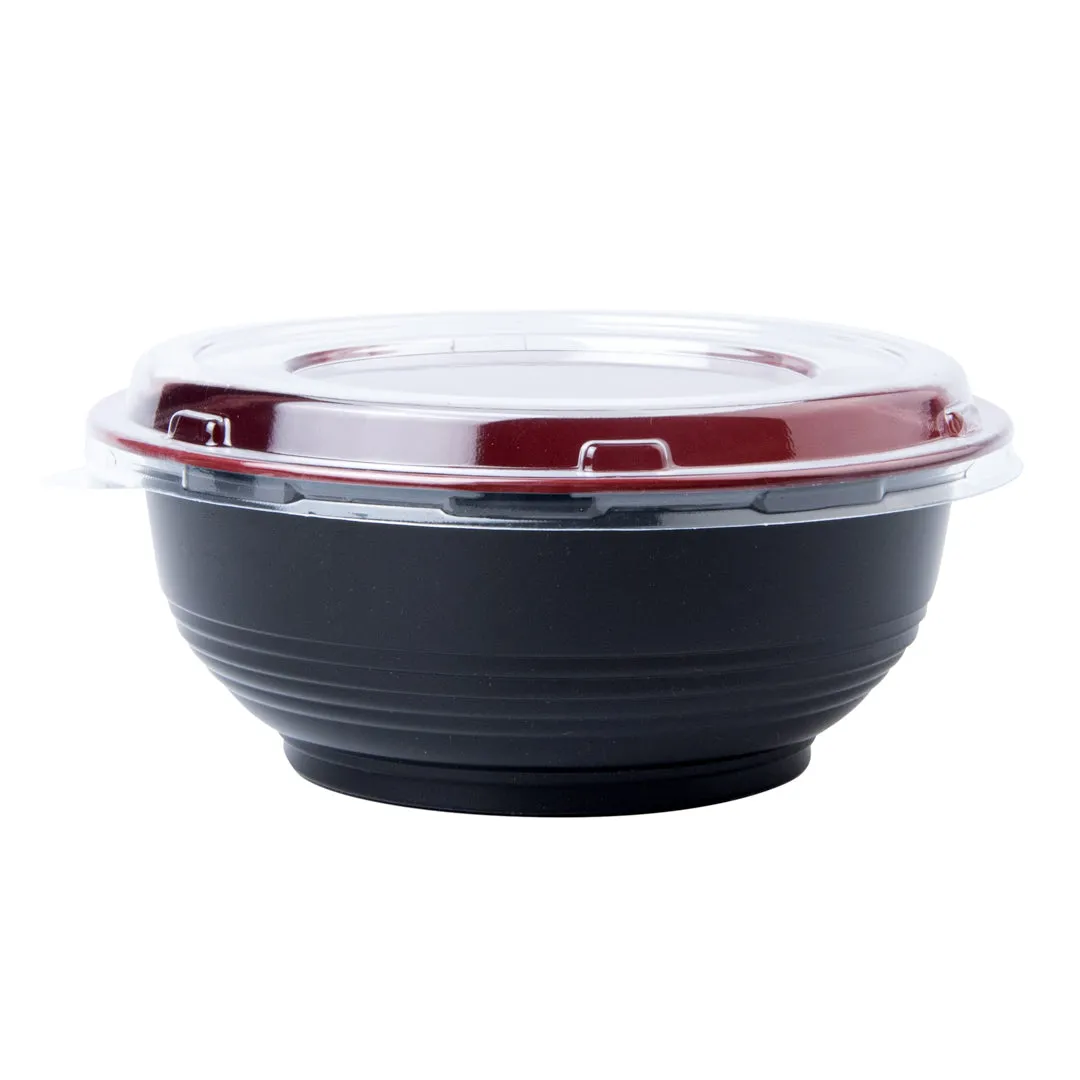 24 oz Round Black and Red Plastic Medium Asian Panda Bowl - with Clear Lid, Microwavable - 6 1/2" x 6 1/2" x 2 1/2" - 200 count box