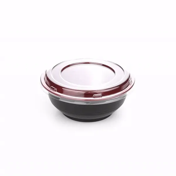 24 oz Round Black and Red Plastic Medium Asian Panda Bowl - with Clear Lid, Microwavable - 6 1/2" x 6 1/2" x 2 1/2" - 200 count box