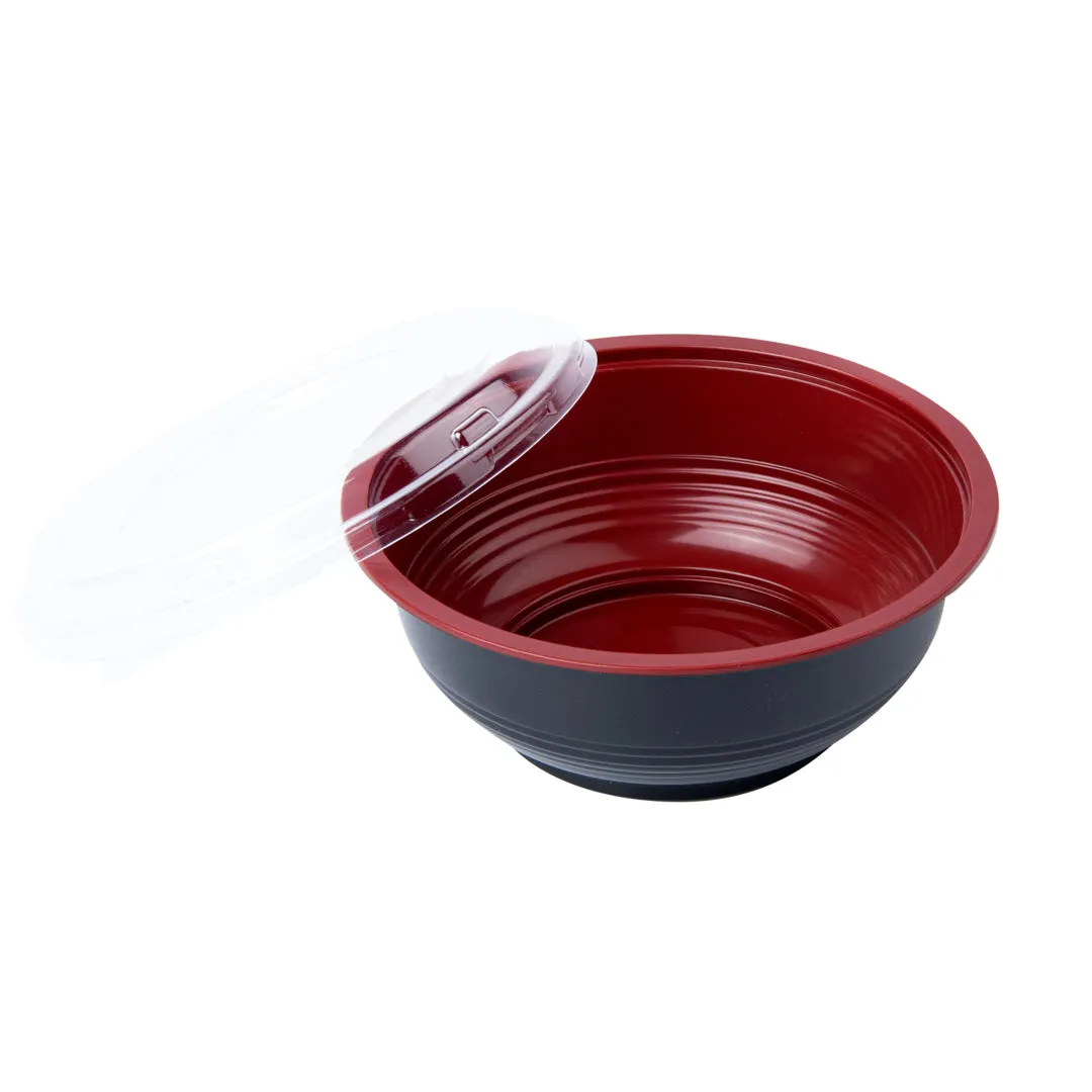 24 oz Round Black and Red Plastic Medium Asian Panda Bowl - with Clear Lid, Microwavable - 6 1/2" x 6 1/2" x 2 1/2" - 200 count box