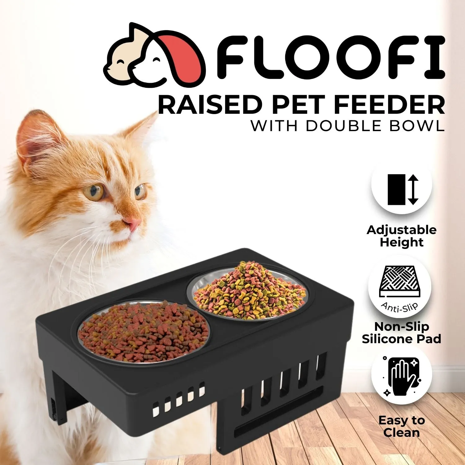 Adjustable Elevated Pet Feeder, 2 Bowls, Black - FLOOFI