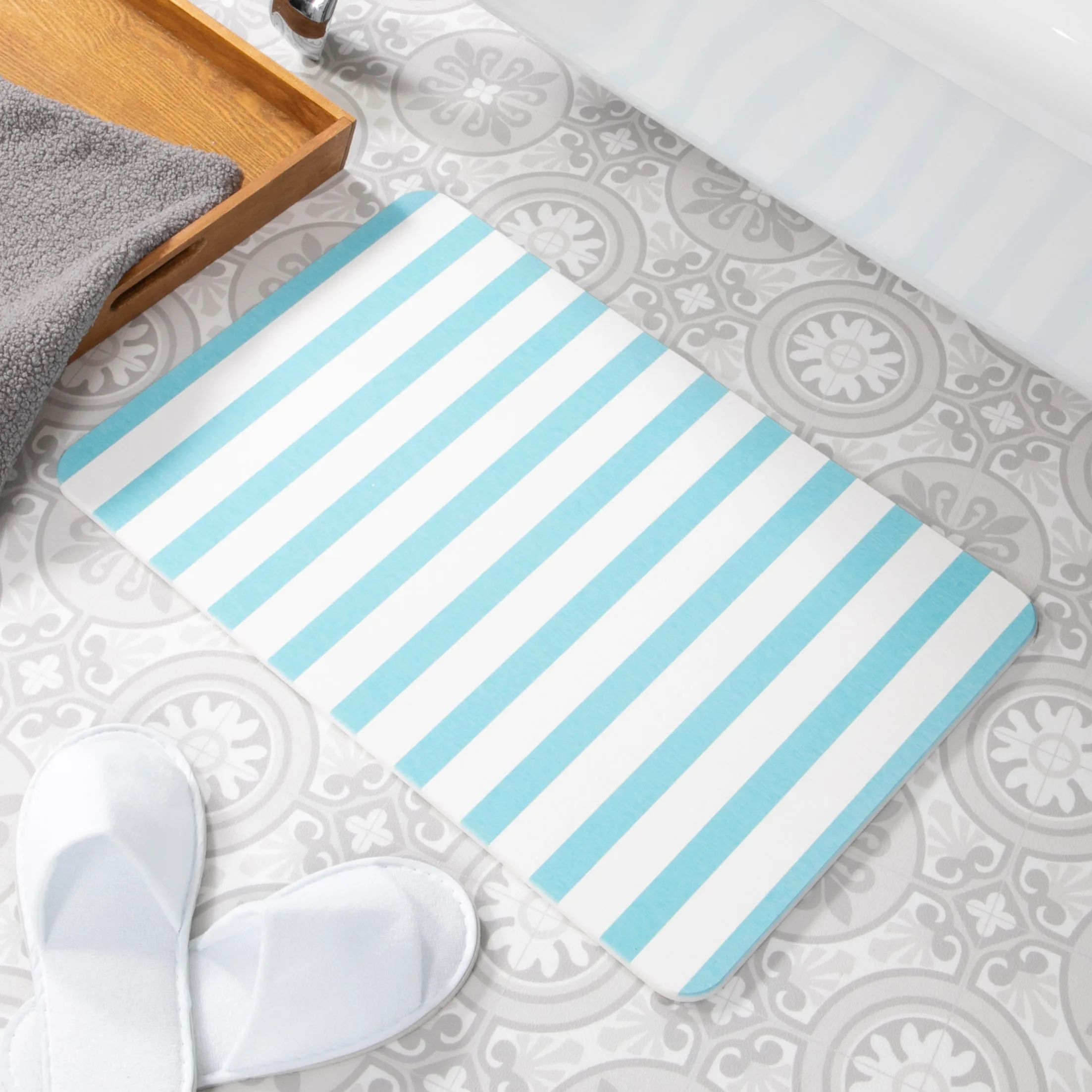 Artsy Mats Blue Stripe Pattern White Stone Non Slip Bath Mat - Touch Dry