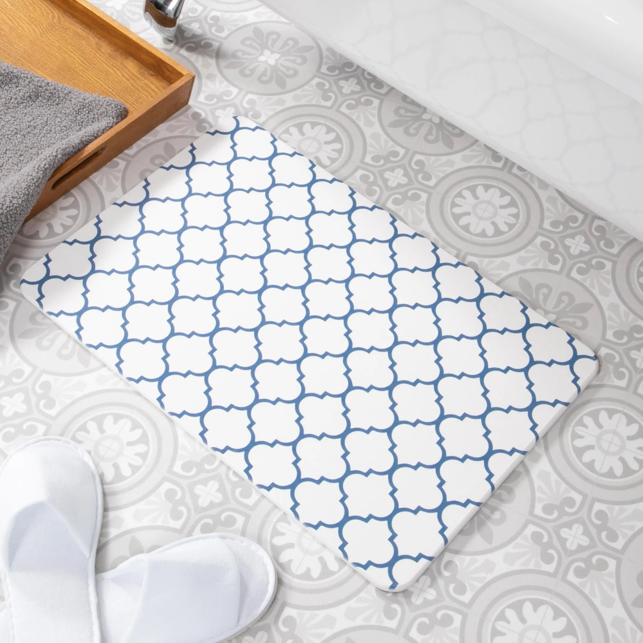 Artsy Mats Blue Trellis White Stone Non Slip Bath Mat - Touch Dry