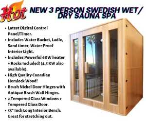 Canadian Hemlock  Indoor Swedish Wet/Dry Sauna Spa for 2 to 3 persons