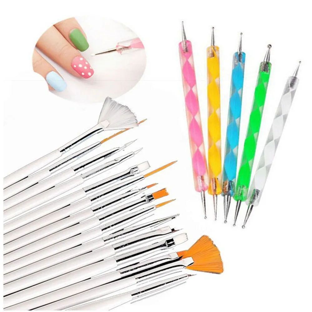 Glamza 20pc Nail Art Brushes & Dotting Set with Optional 10-Pack Nail Art Sponges