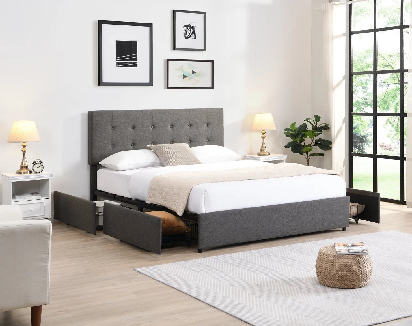 Grey Elegance DrawerBed: Button-Tufted Platform with Quad-Storage