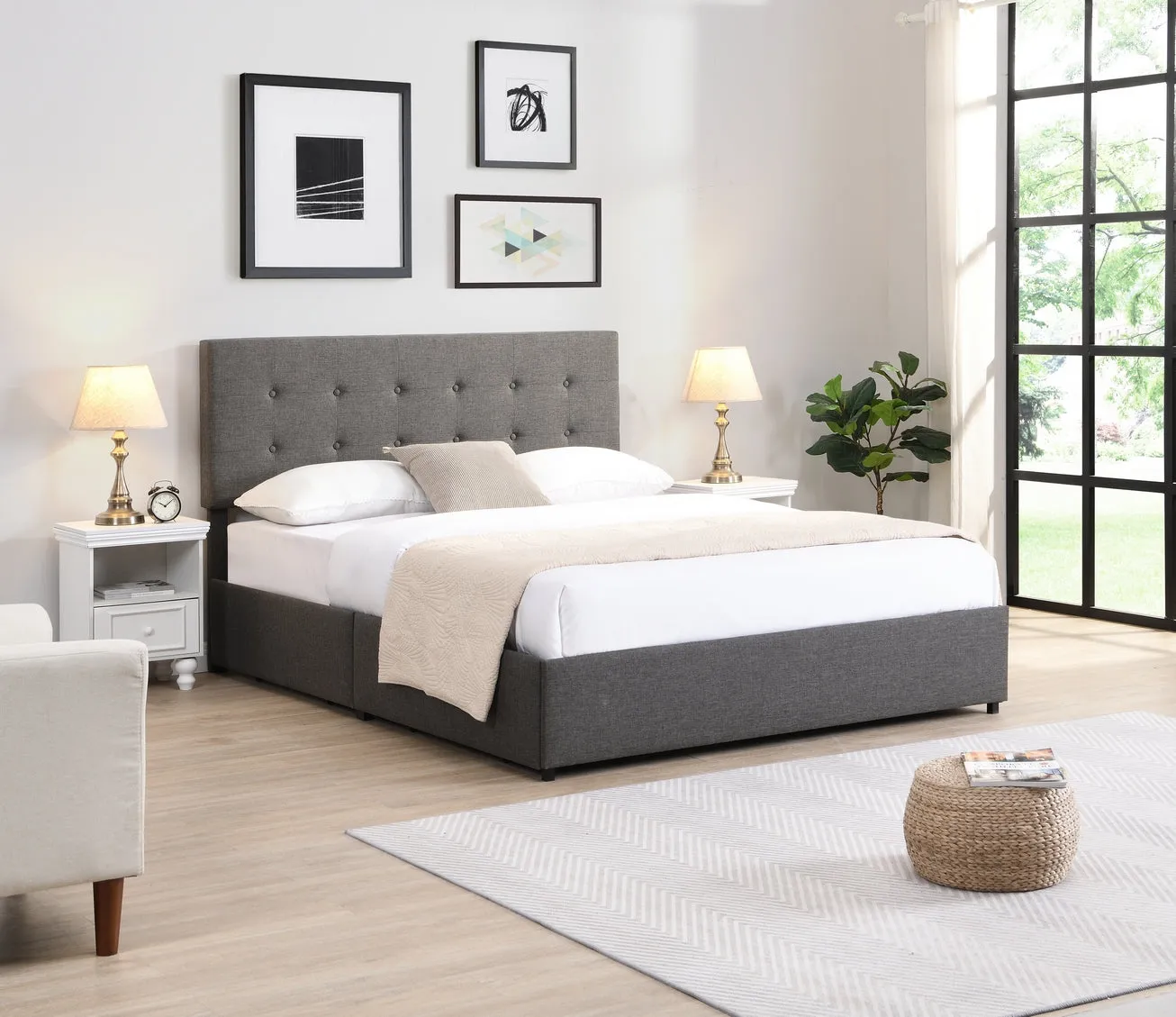 Grey Elegance DrawerBed: Button-Tufted Platform with Quad-Storage