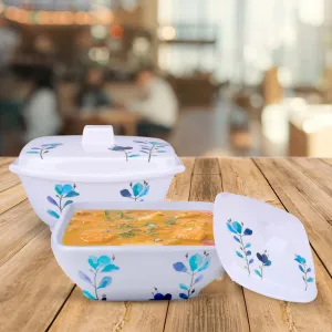 Kuber Industries Microwave Safe & BPA Free Melamine Serving Bowls with Lids Set of 2 | Heat Resistant & Unbreakable Rice Bowl for Serving, Mixing Bowls for Kitchen Utensils | Blue Flower