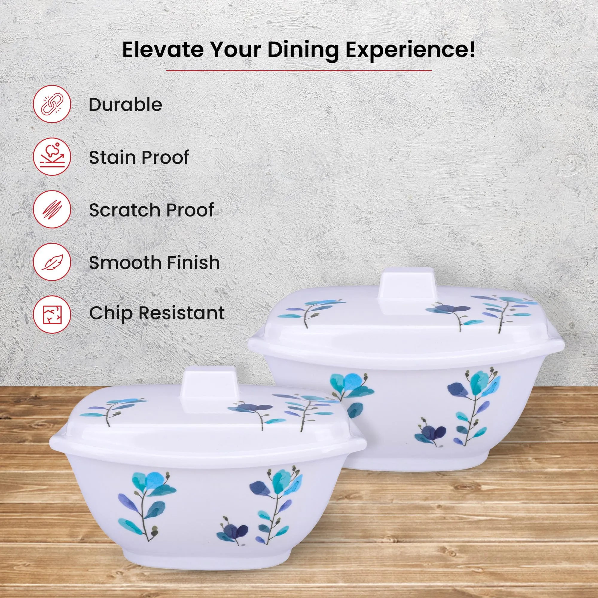 Kuber Industries Microwave Safe & BPA Free Melamine Serving Bowls with Lids Set of 2 | Heat Resistant & Unbreakable Rice Bowl for Serving, Mixing Bowls for Kitchen Utensils | Blue Flower