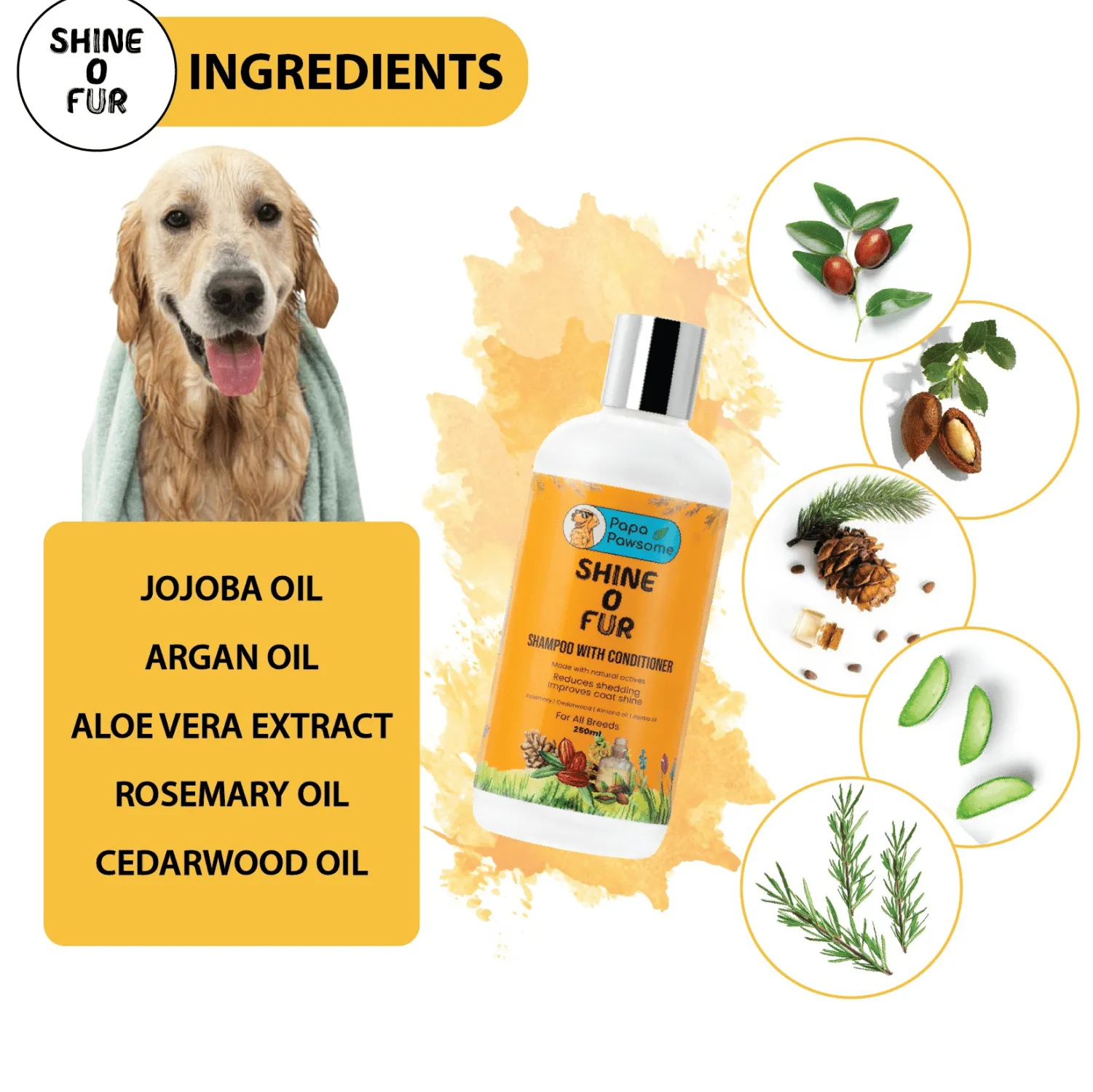 Papa Pawsome Shine O' Fur Shampoo with Conditioner and Palm Brush for Dogs