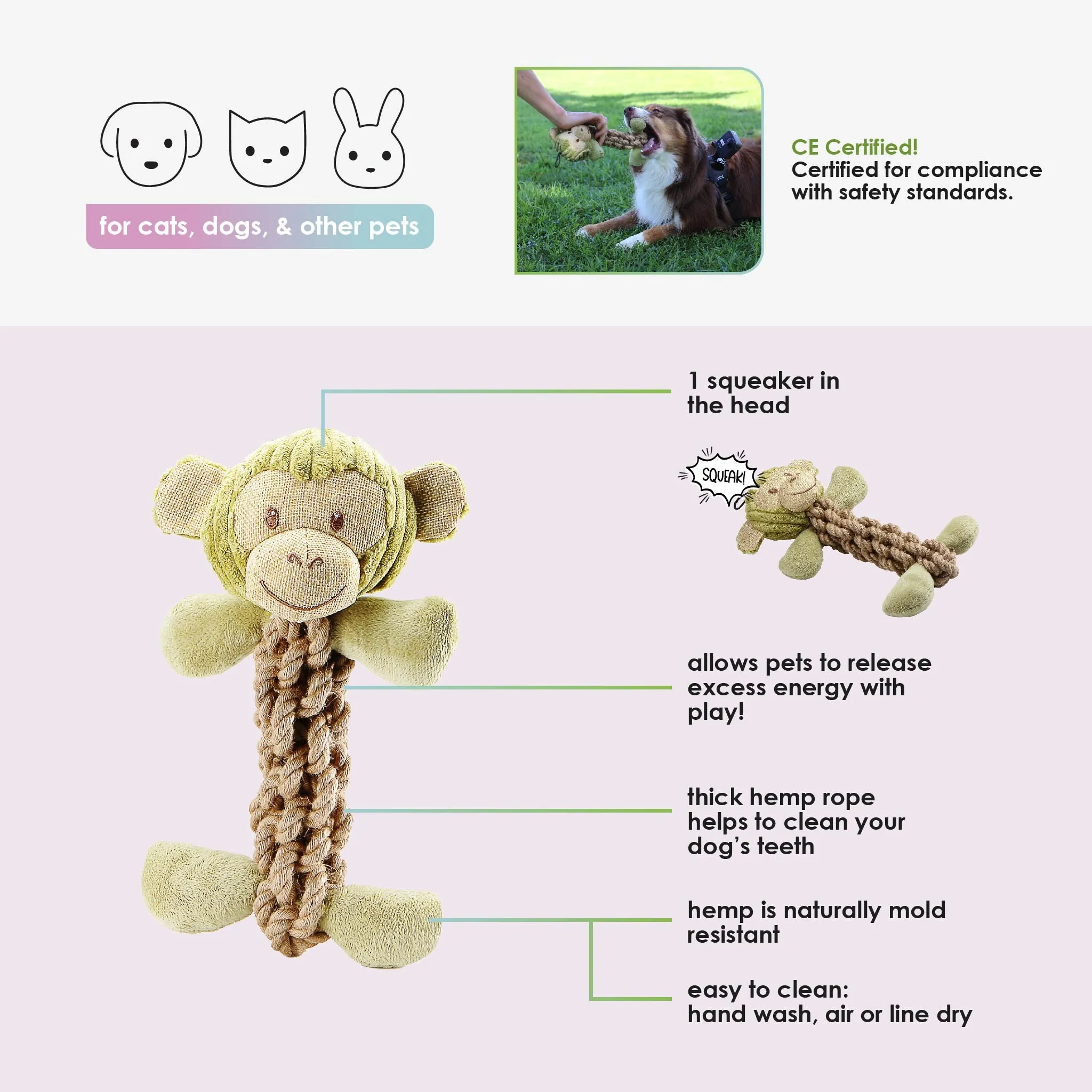 Tough Hemp Monkey Dog Toy, Fun Squeaker, Mentally & Physically Stimulates, Large Hemp Rope Body for Chewing, Tough Hemp for Play & Fetch, Non-Toxic, Cleans Teeth, Variety of Textures, for Pets