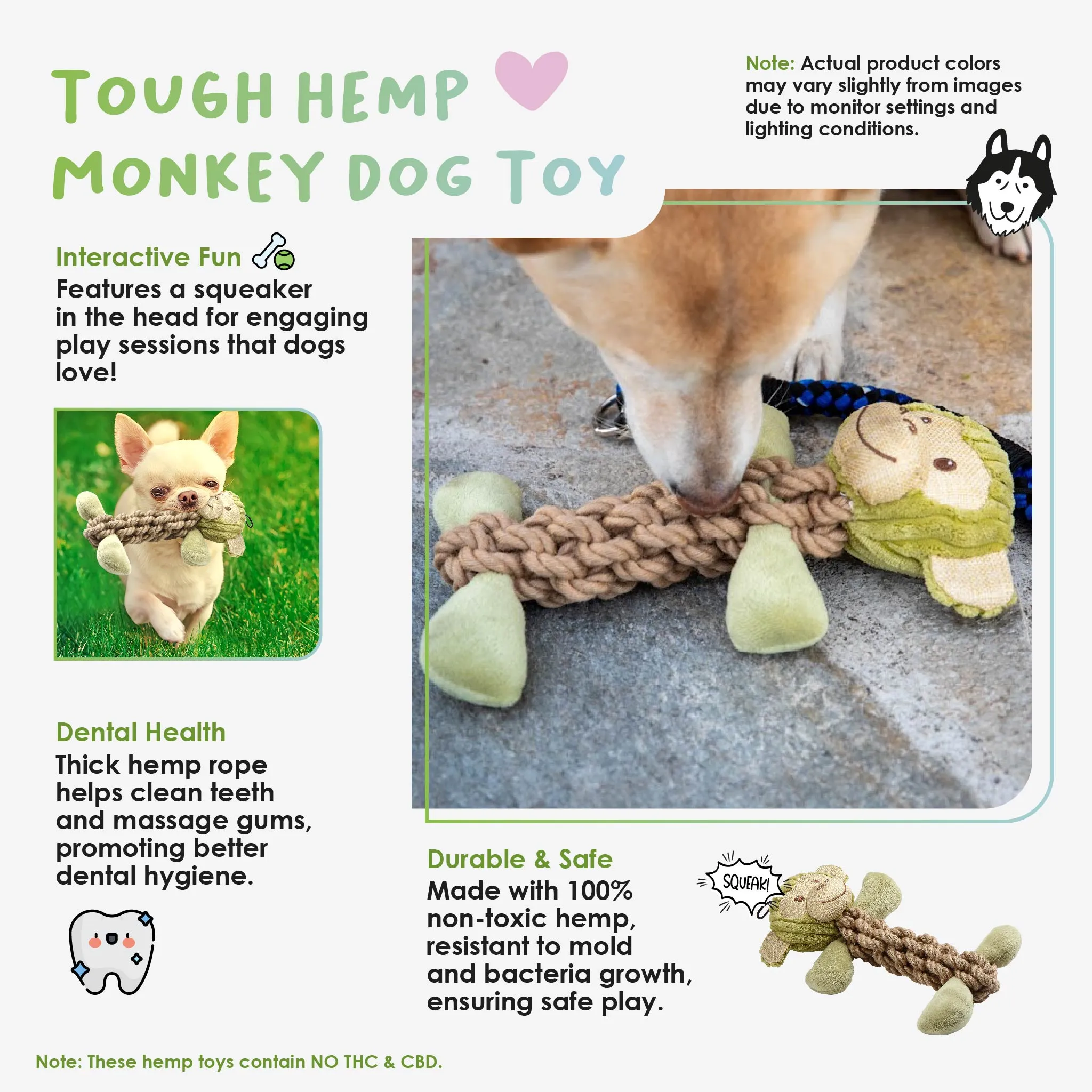 Tough Hemp Monkey Dog Toy, Fun Squeaker, Mentally & Physically Stimulates, Large Hemp Rope Body for Chewing, Tough Hemp for Play & Fetch, Non-Toxic, Cleans Teeth, Variety of Textures, for Pets